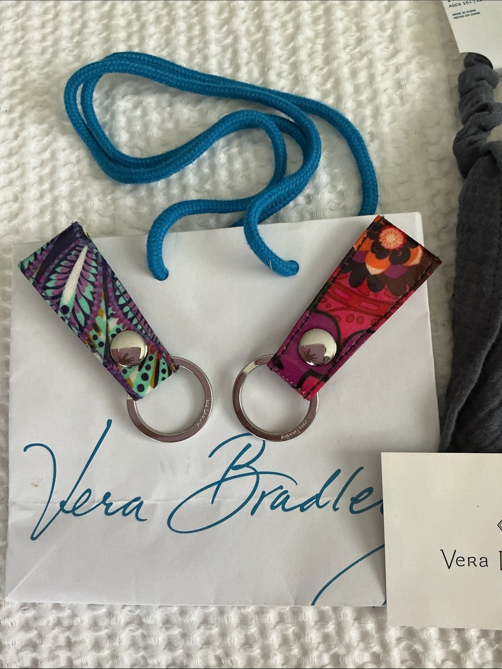 Vera Bradley Loop Keychains 2  paisley  floral patterns& Gray Scarf Hair Tie.